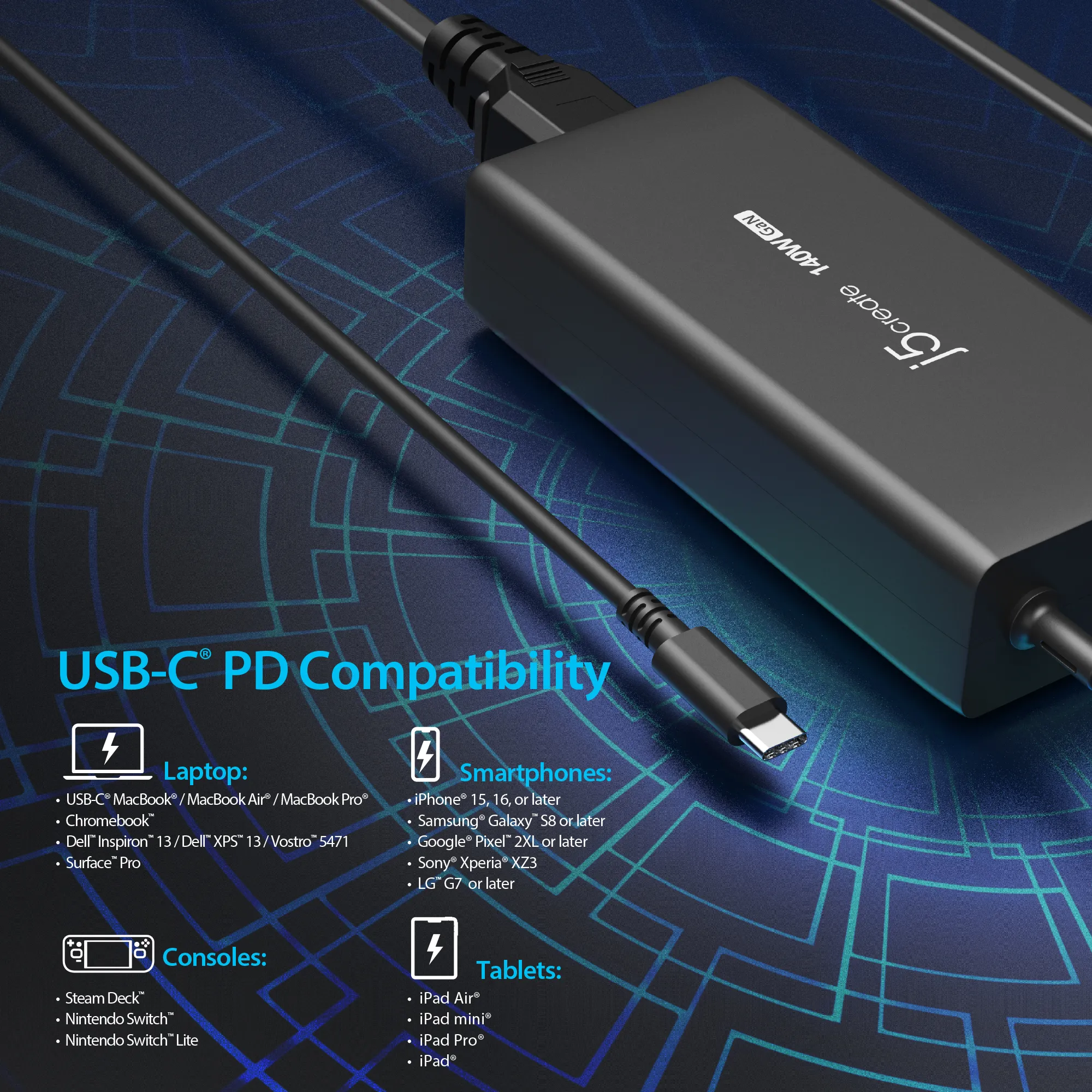 J5 Create JUP17140-EN 140W GaN Power Delivery 3.1 USB-C - V&auml;ggladdare, Svart