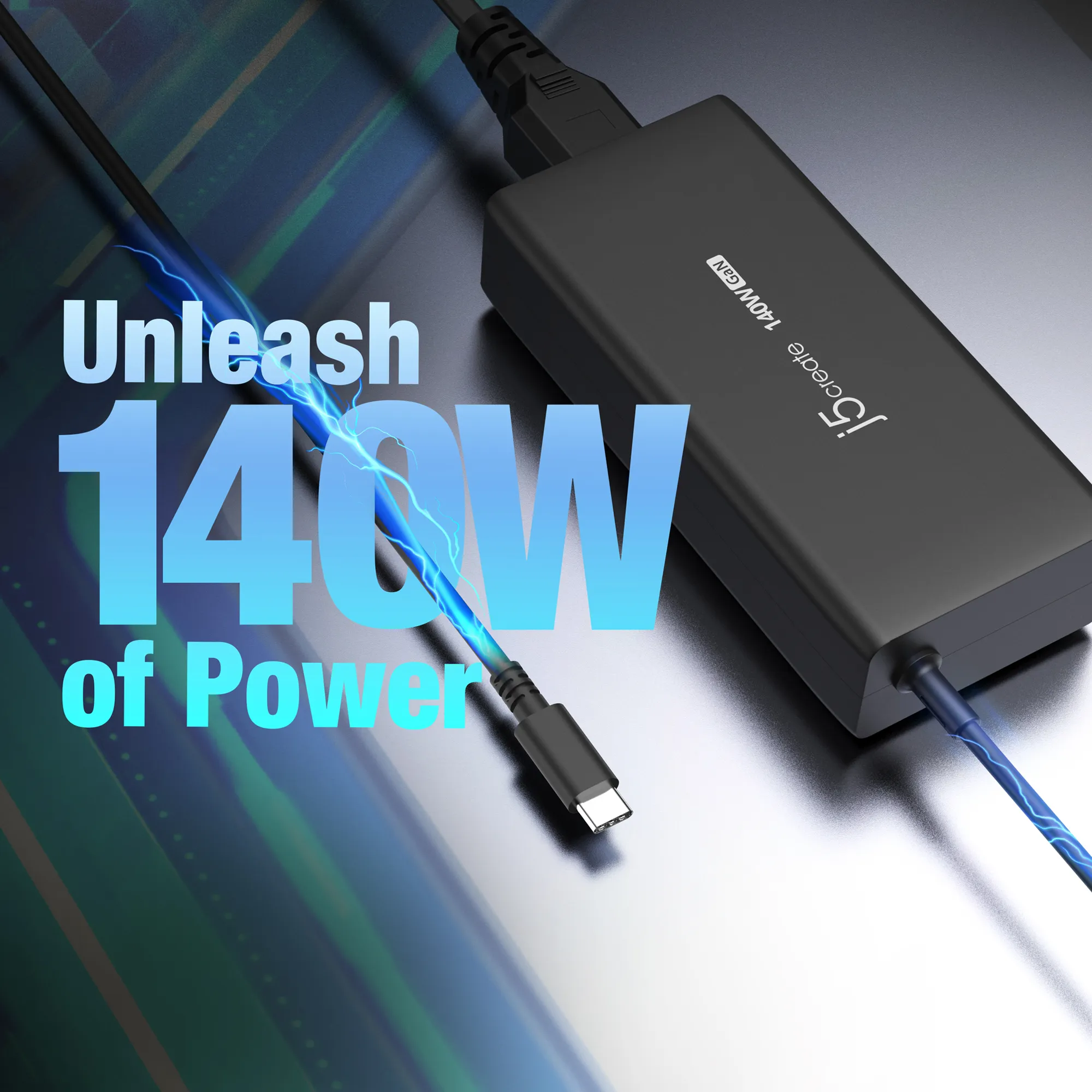 J5 Create JUP17140-EN 140W GaN Power Delivery 3.1 USB-C - V&auml;ggladdare, Svart