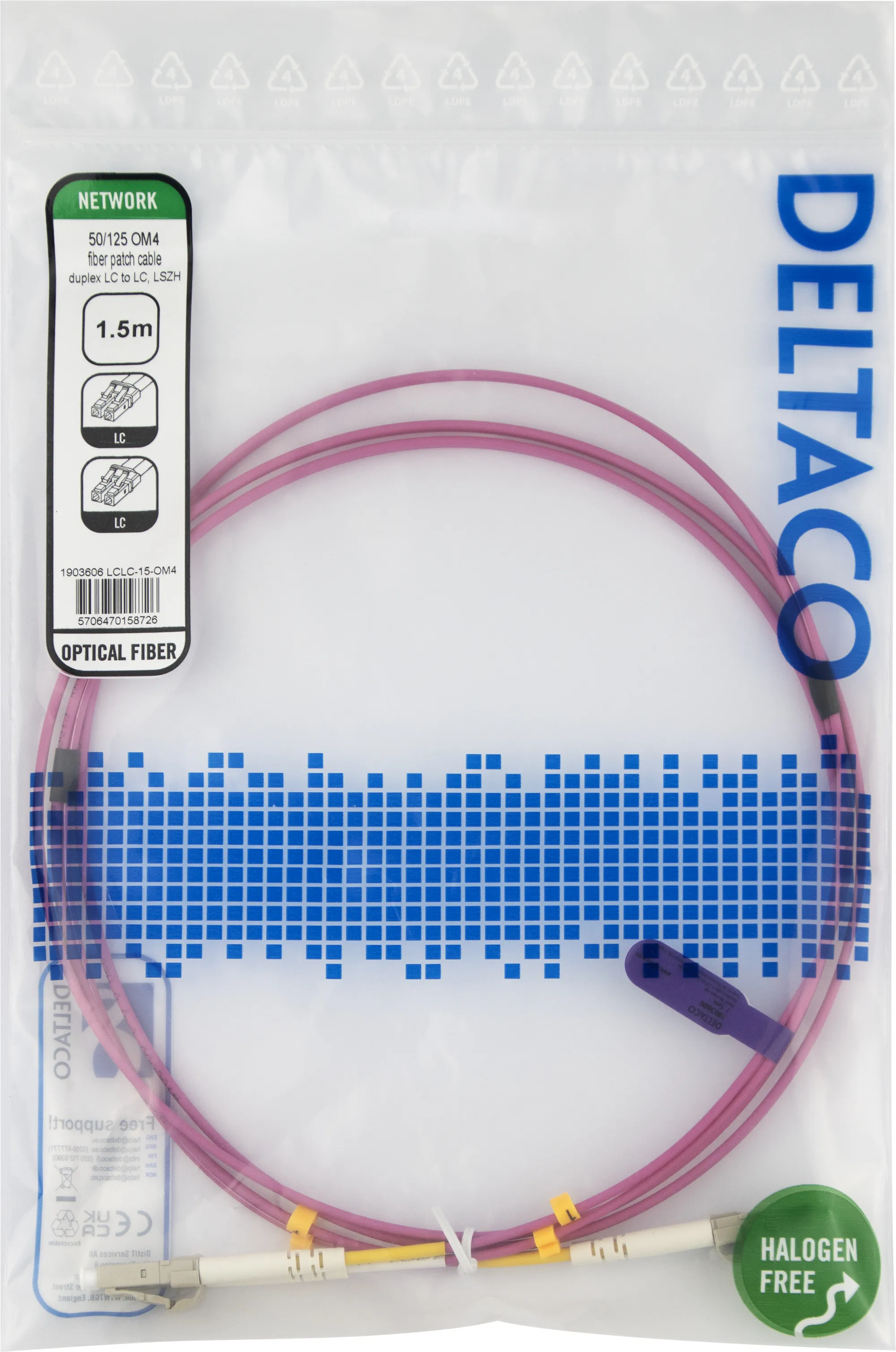 Deltaco OM4 LSZH LC-LC 1.5m fiberkabel, rosa