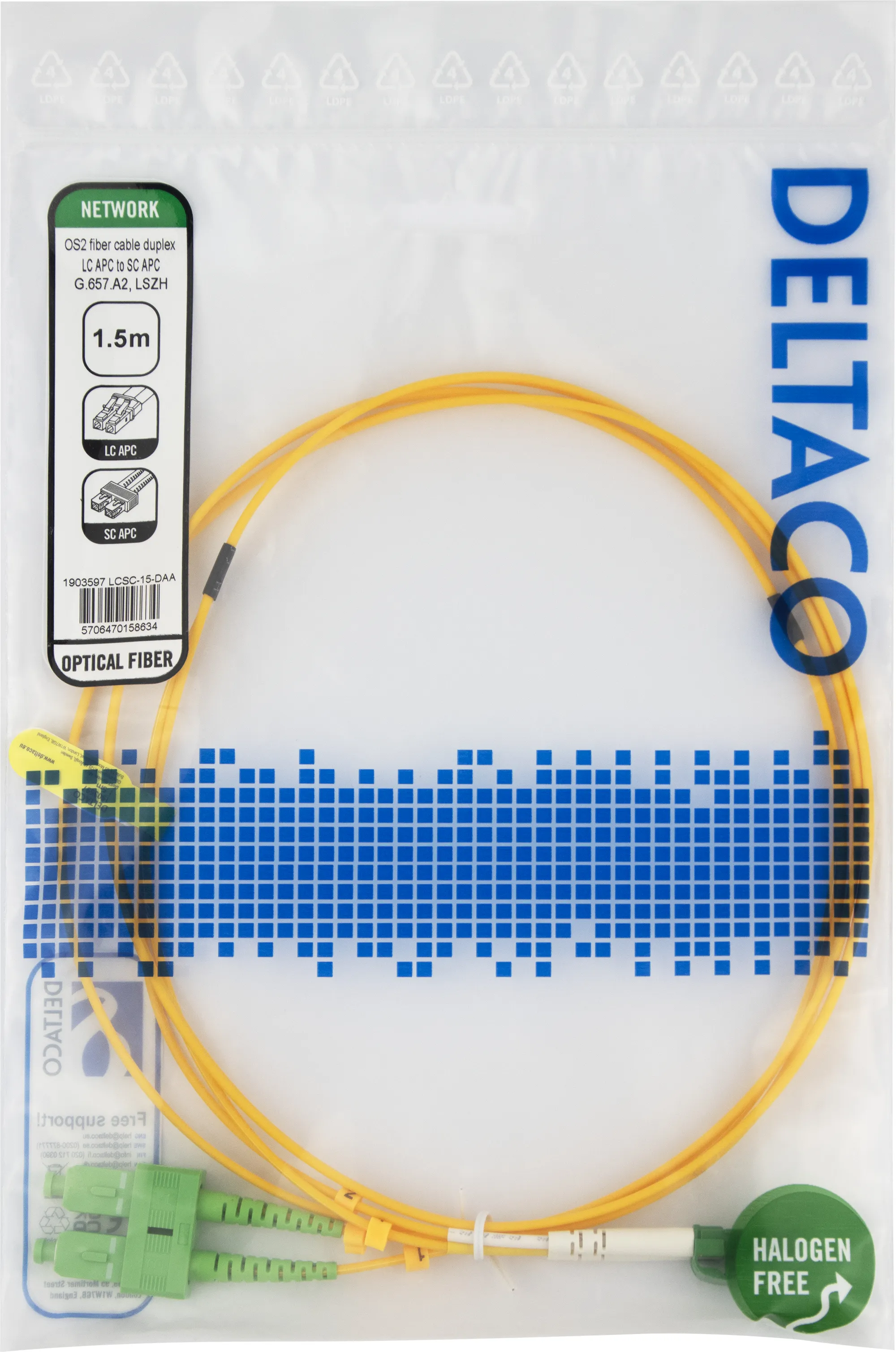 Deltaco OS2 LSZH LC-SC 1.5m Fiber Optic Cable, Yellow