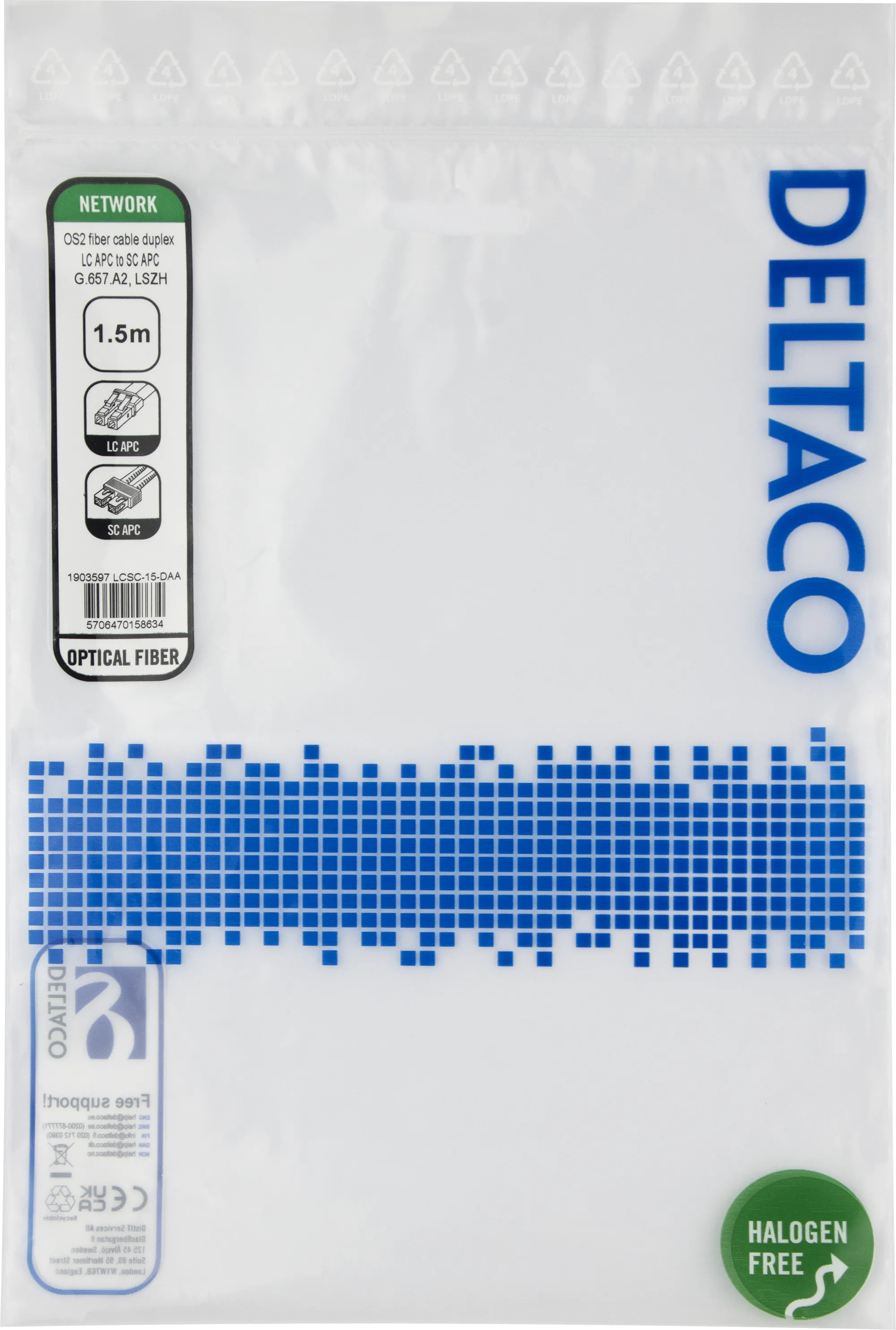 Deltaco OS2 LSZH LC-SC 1.5m Fiber Optic Cable, Yellow