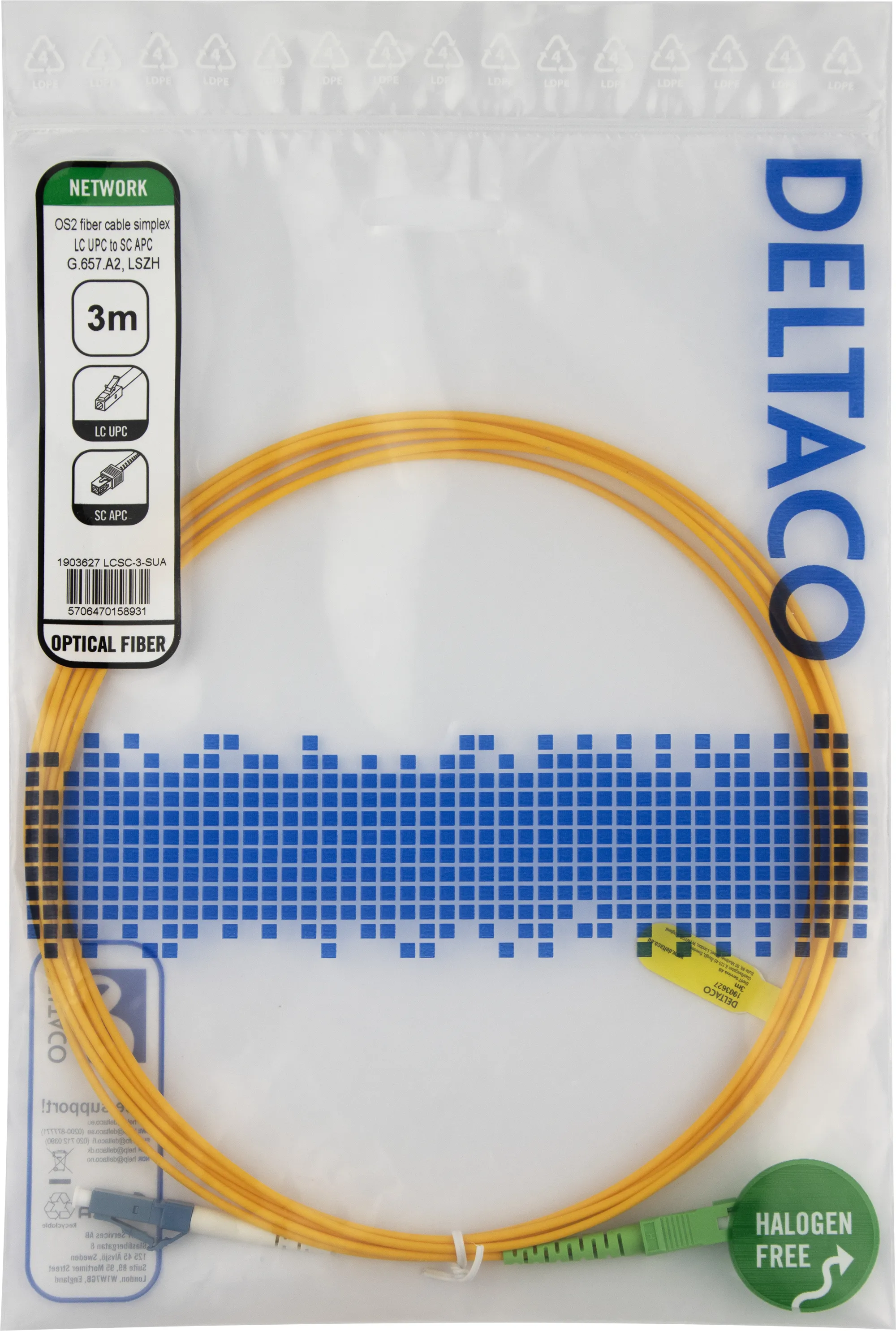 Deltaco OS2 LSZH LC-SC 3m -valokuitukaapeli, keltainen