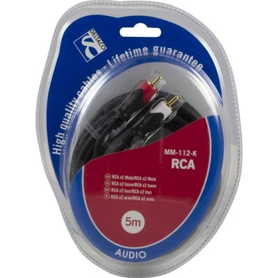 DELTACO &auml;&auml;nikaapeli, 2xRCA uros - 2xRCA uros, kullatut lii., 5m, mus