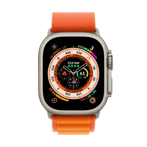 Apple Watch Ultra GPS + Cellular, 49mm Titanium Case, Alpine Loop, Orange (Small)