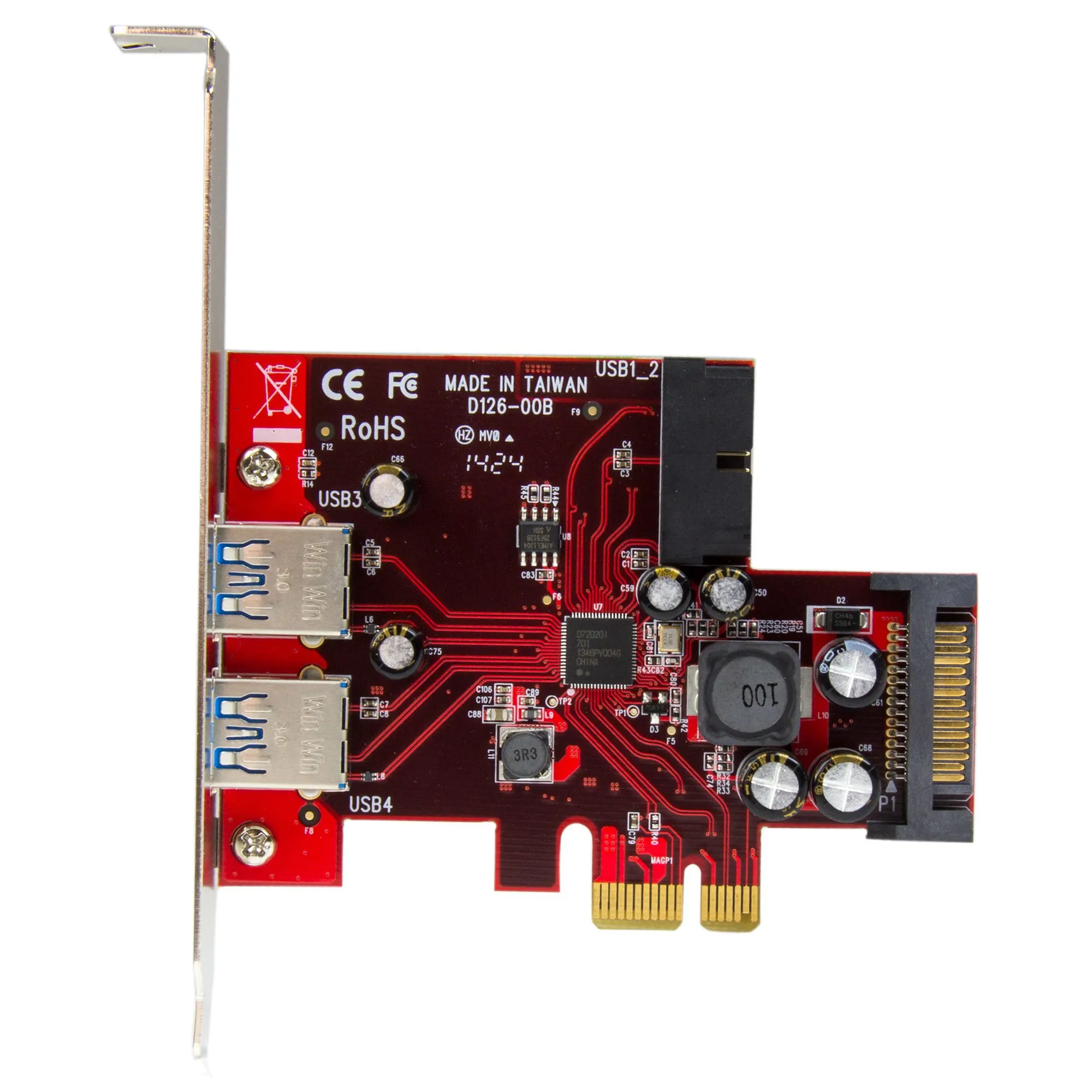 StarTech.com PEXUSB3S2EI USB 3.2 Gen 1 -laajennuskortti PCI Express 2.0 x1 4 porttia (2 ulkoista, 2 sis&auml;ist&auml;) SATA-virta UASP