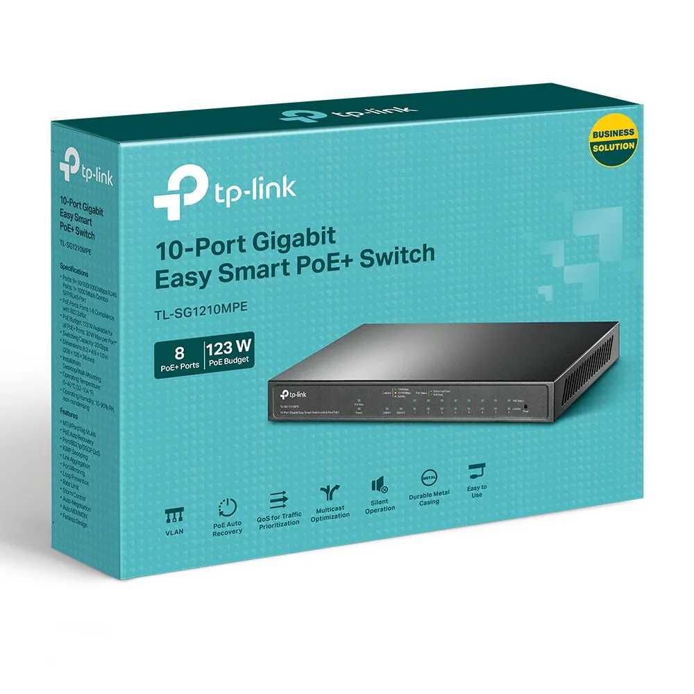 TP-LINK TL-SG1210MPE PoE+ Easy Smart Switch 8x 10/100/1000Mbps + 1x GE Combo SFP + 2x GE Non-PoE RJ45 123W budget VLAN QoS IGMP Sn