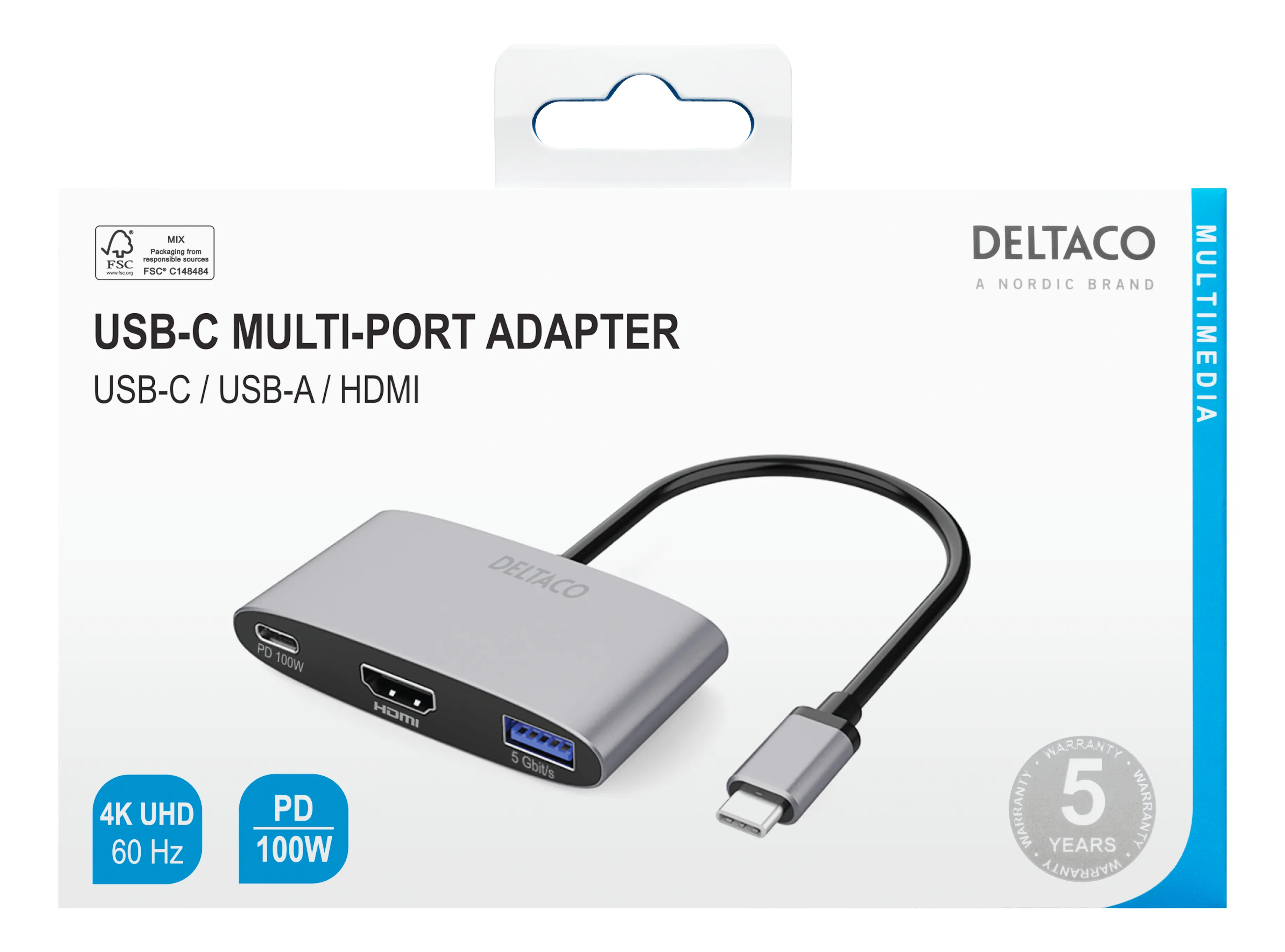 Deltaco USB-C - HDMI/USB-A, 100W - adapter