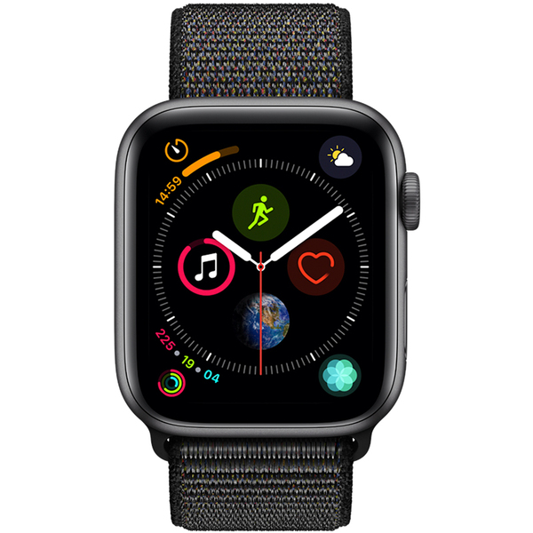 Apple&nbsp;Watch Series&nbsp;4, 44mm T&auml;htiharmaa alumiinikuori ja musta Sport Loop ‑ranneke