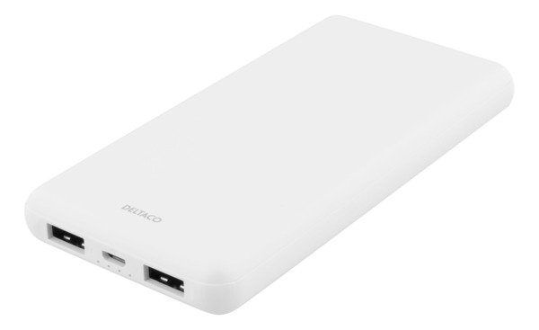 DELTACO 10 000 mAh Powerbank, 2x USB-A, 2.1A, LED-indikator, vit