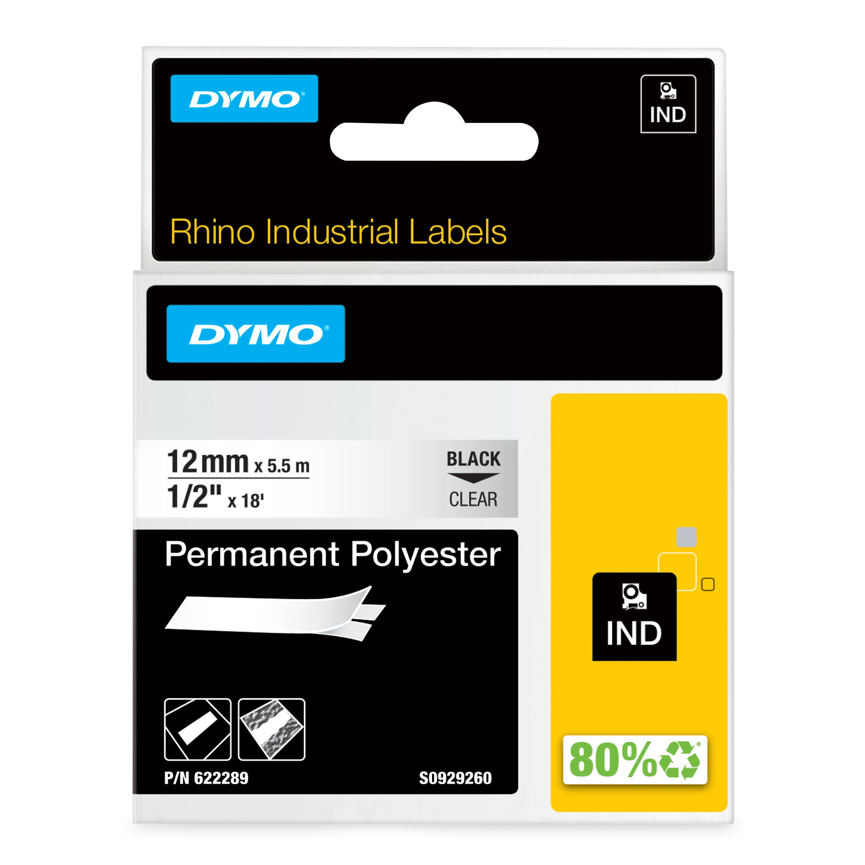 DYMO Rhino Prof, polyestertejp, 12mm, svart text  trans tejp, 5,5m