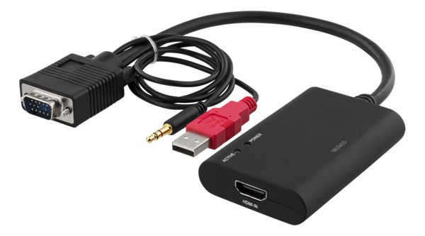 HDMI - VGA-sovitin, 1xHDMI FM, 1xVGA HD15 M, 1xUSB virta, musta