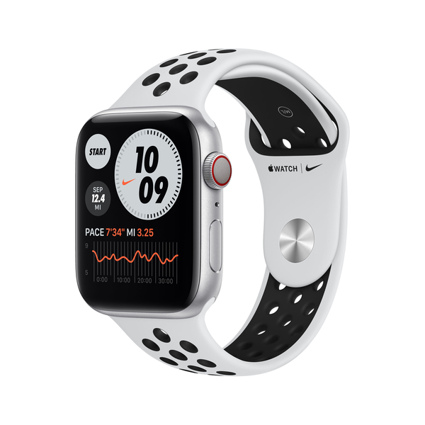 Apple Watch Nike Series 6 GPS + Cellular, 44mm Silver Aluminium Case with Pure Platinum/Black Nike Sport Band - Regular