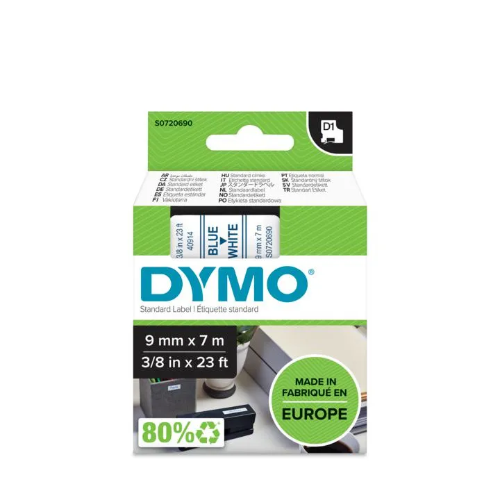 DYMO D1 m&auml;rktejp standard 9mm, bl&aring;tt p&aring; vitt, 7m rulle (40914)