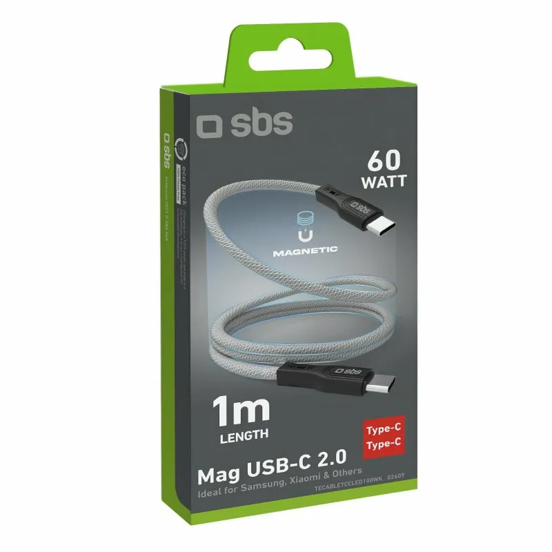 SBS TECABLETCCMAG magnetisk fl&auml;tad USB-C kabel, 60 W, 1 m, svart/silver