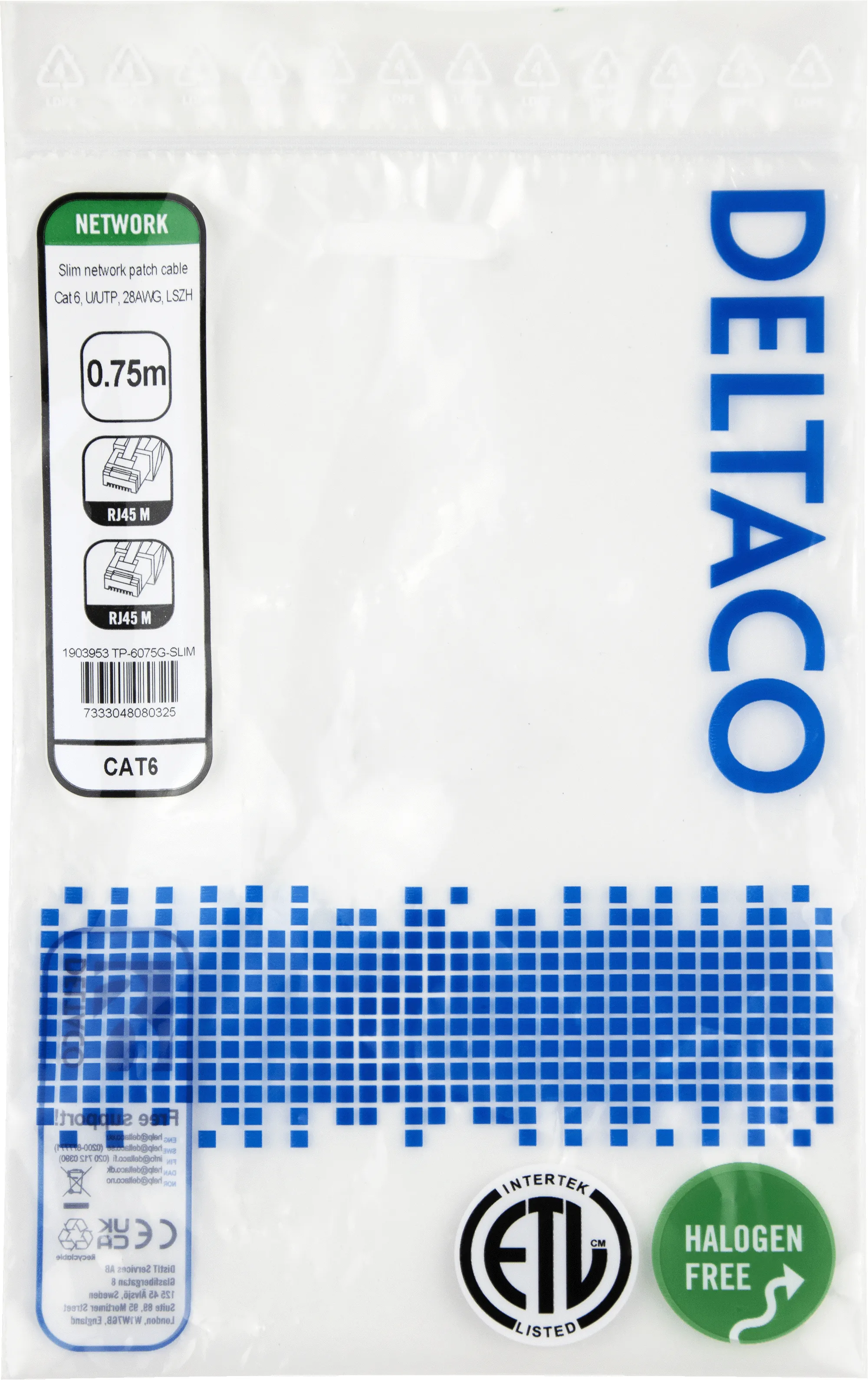 Cat6 UTP RJ45 0.75m -verkkokaapeli, vihre&auml;