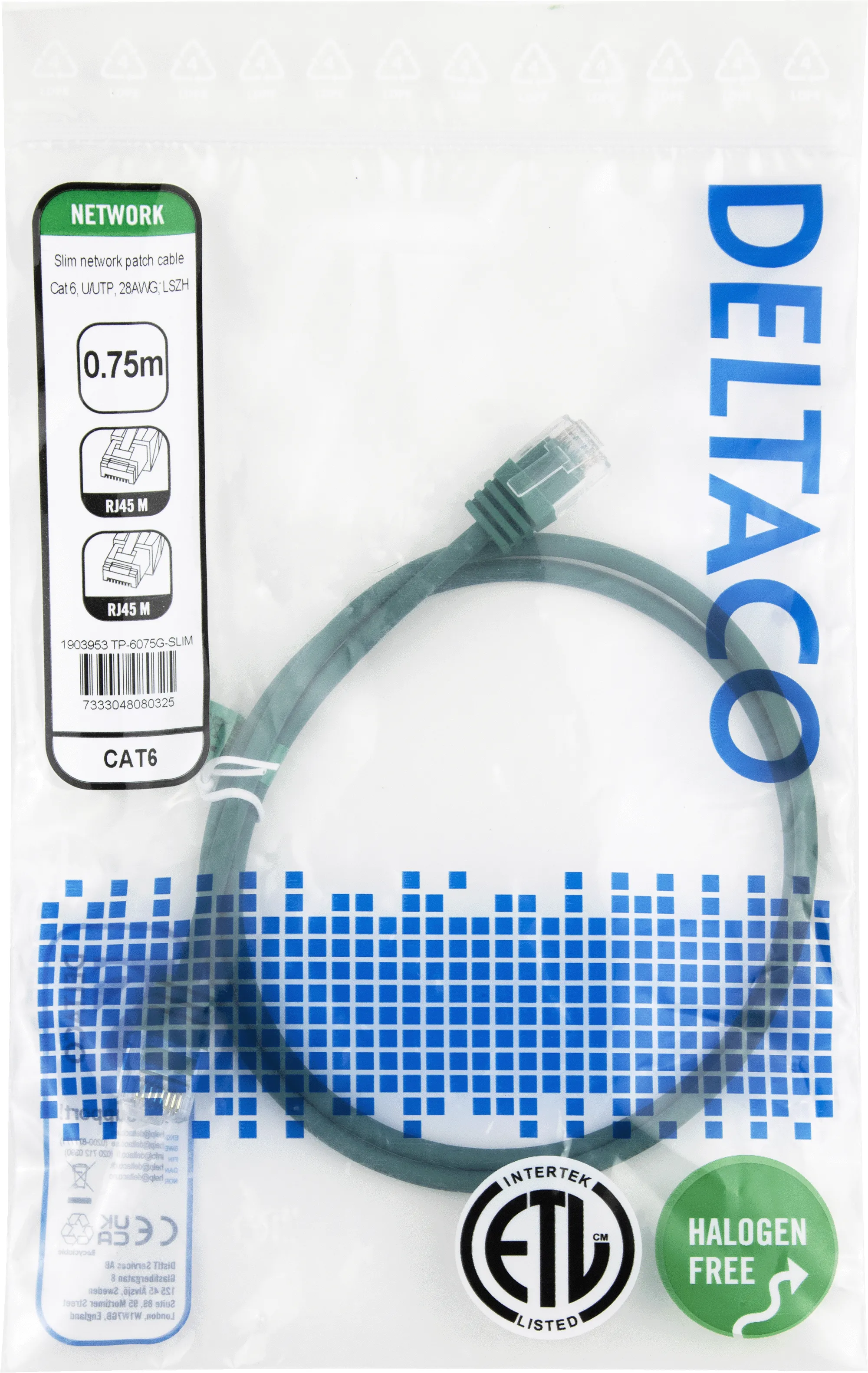 Cat6 UTP RJ45 0.75m -verkkokaapeli, vihre&auml;