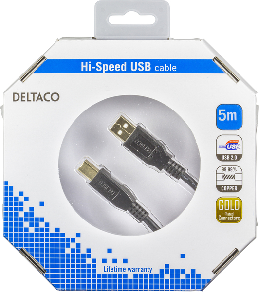 DELTACO USB 2.0 kaapeli Tyyppi A Uros - Tyyppi B Uros, 5m, musta