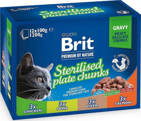 Brit Premium by Nature Sterilised Plate Chunks, V&aring;tfoder f&ouml;r katt, Adult, 12 x 100 g