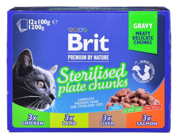 Brit Premium by Nature Sterilised Plate Chunks, V&aring;tfoder f&ouml;r katt, Adult, 12 x 100 g