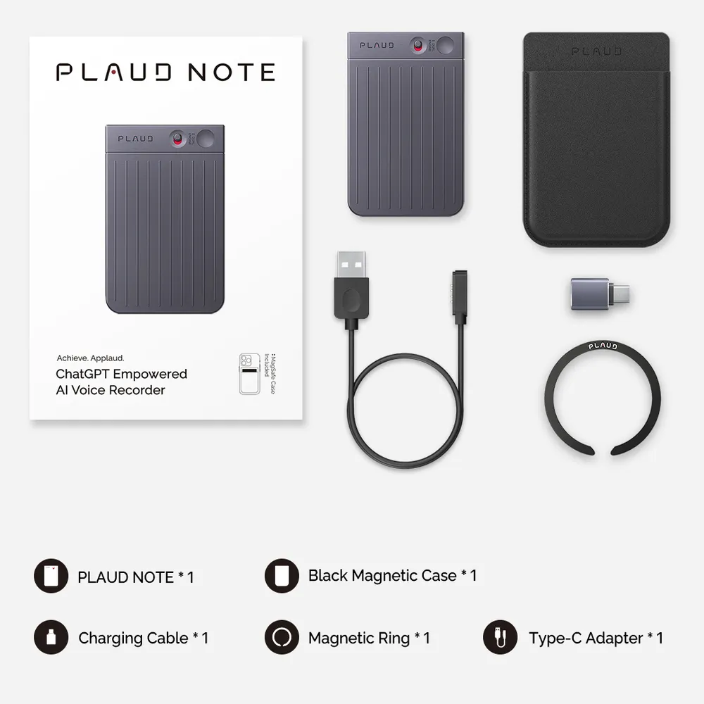 PLAUD NOTE AI-Röstavläsare Silver - AI-transkribering i 112 språk, 30-timmars batteritid och premium design