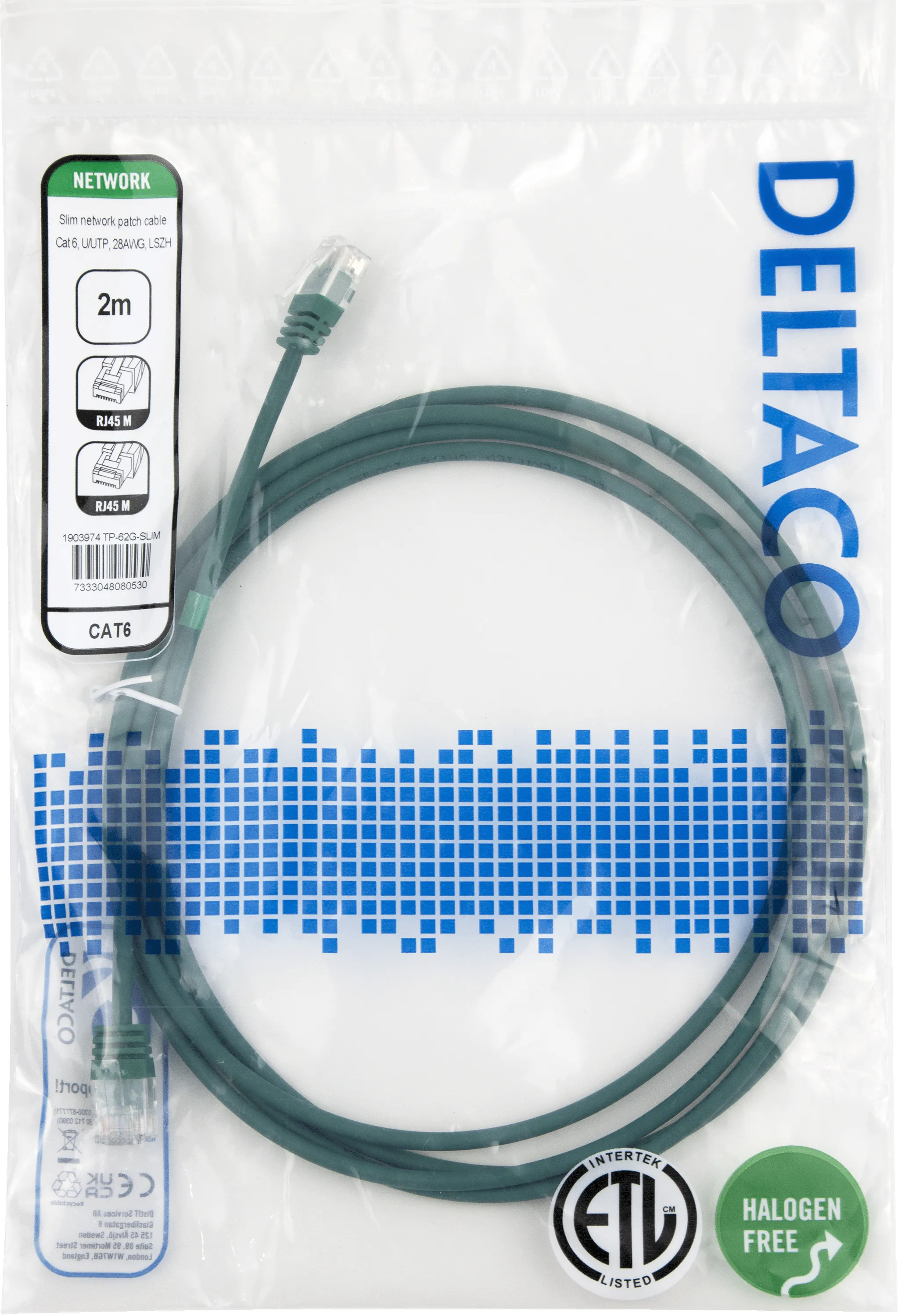 Deltaco Cat6 UTP RJ45 2m -verkkokaapeli, vihre&auml;