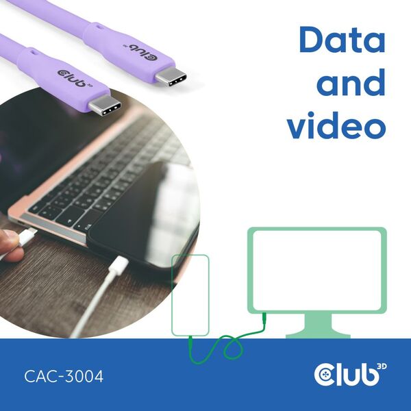 Club 3D USB-C - USB-C USB4 4K60Hz 240W -kaapeli, Violetti, 2m