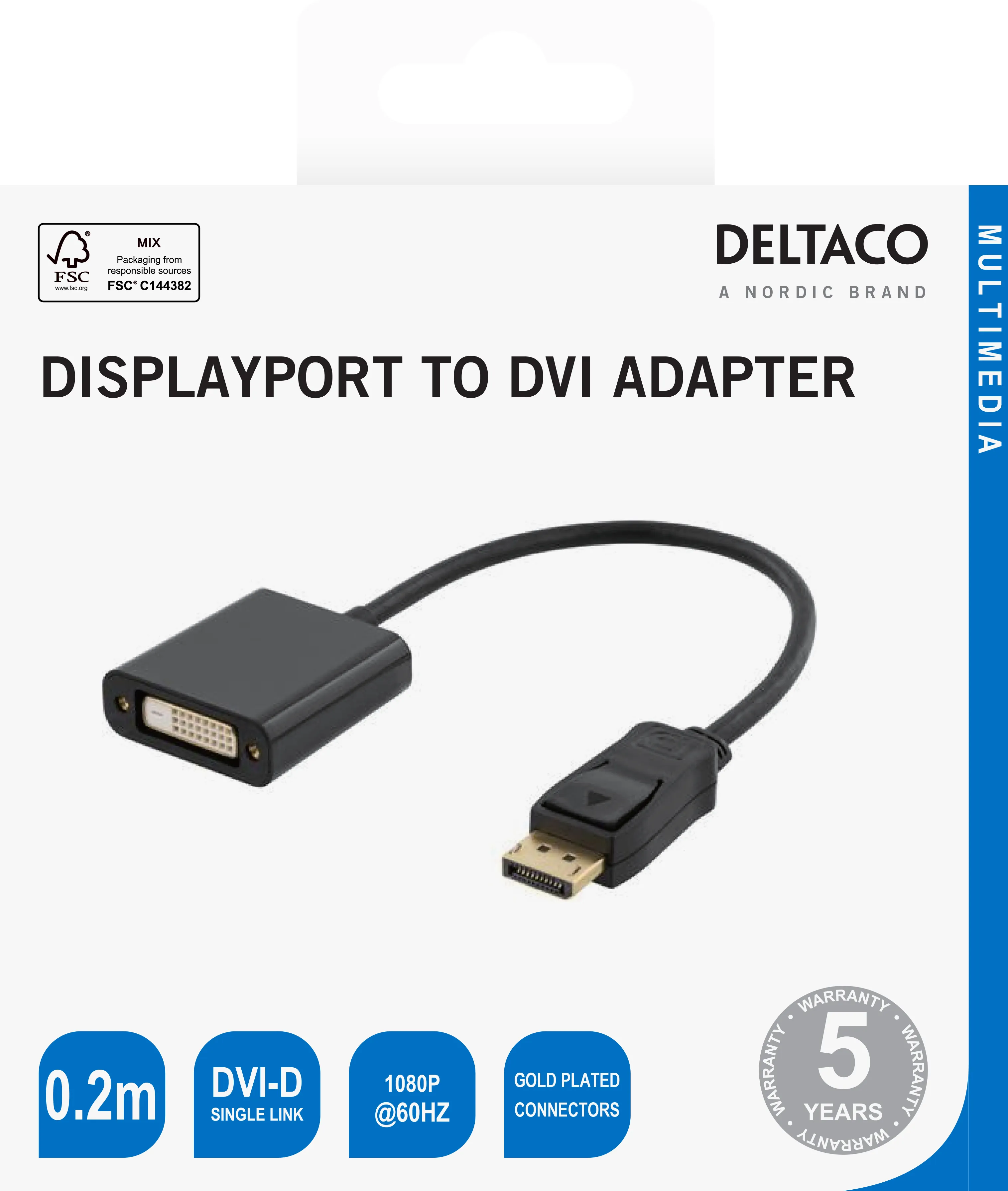 Deltaco DisplayPort  - DVI-D Single Link adapter, 0.2m, black