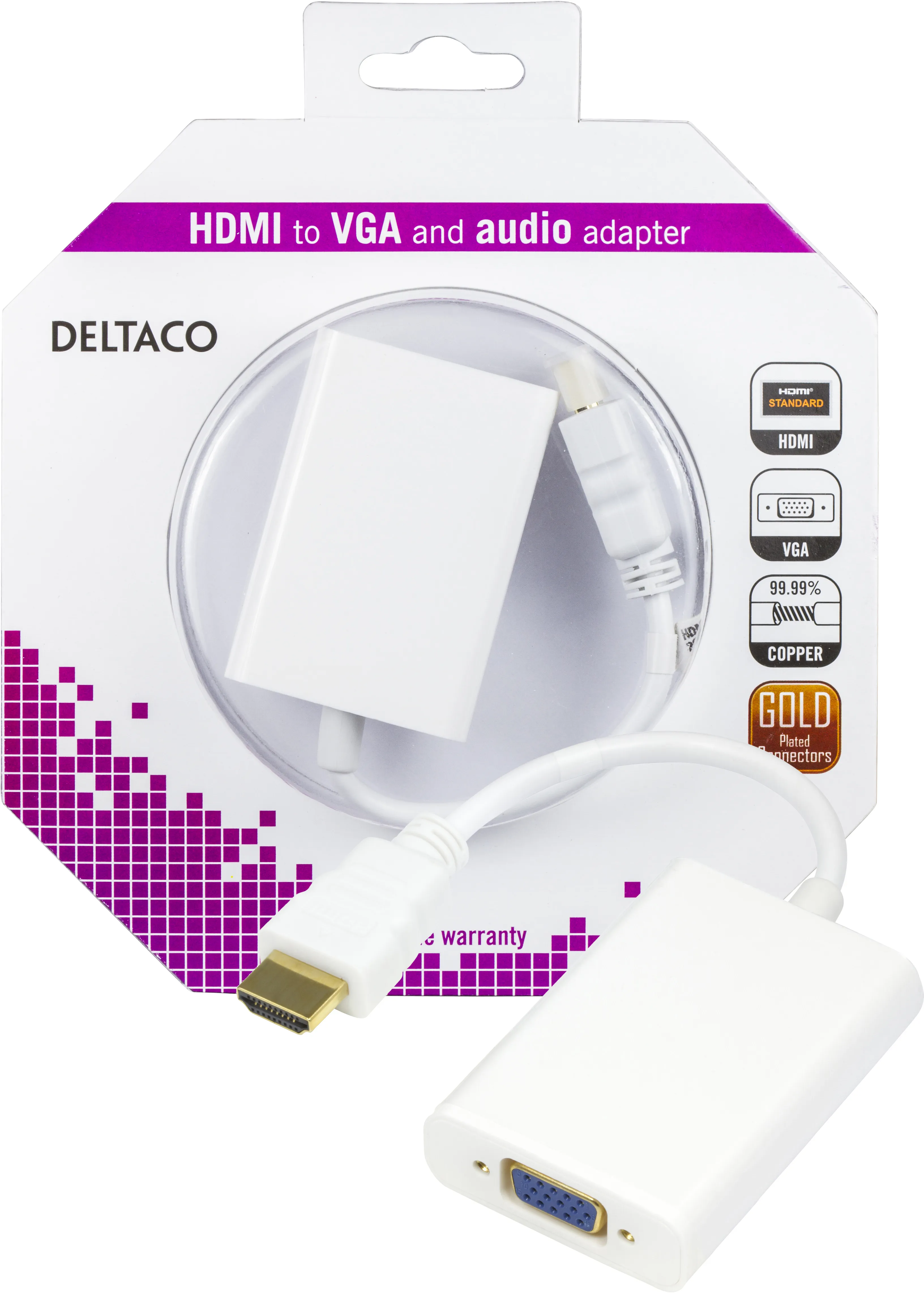 DELTACO HDMI - VGA-sovitin, 19-pin ha - 15-pin+3,5mm, 0,2m, valk