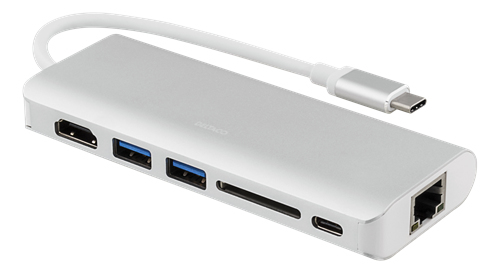 DELTACO USB-C dockningsstation, USB-C ho, HDMI ho, 2xUSB-A ho, silver