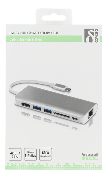 DELTACO USB-C dockningsstation, USB-C ho, HDMI ho, 2xUSB-A ho, silver