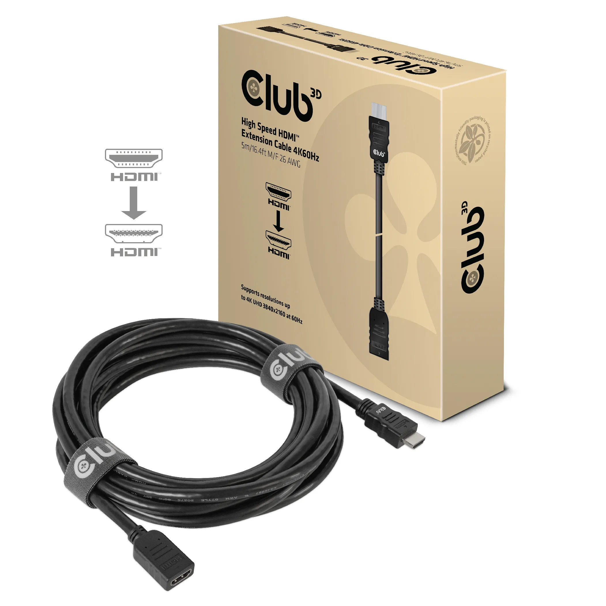 Club 3D High speed 2.0 HDMI 4K60HZ -jatkokaapeli, Musta, 5m