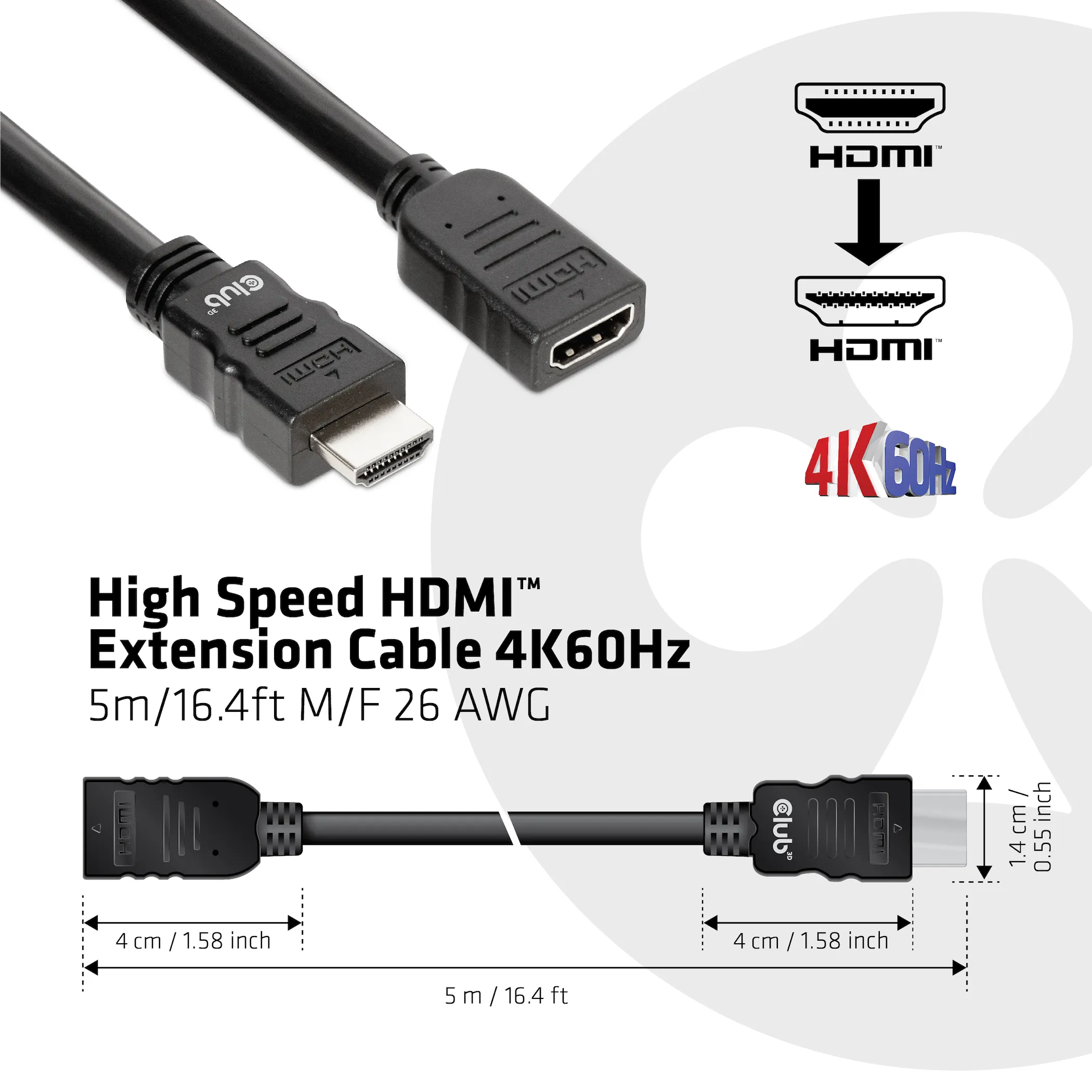 Club 3D High speed 2.0 HDMI 4K60HZ -jatkokaapeli, Musta, 5m