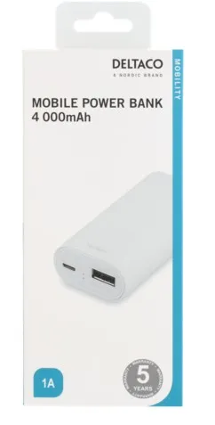 DELTACO Power bank, varavirtal&auml;hde, 4000mAh, USB 5V 1A, valkoinen