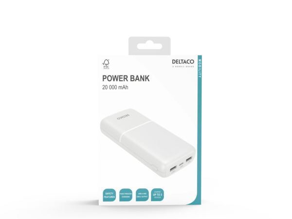 Deltaco 2x USB-A, 1x USB-C - powerbank, 20000mAh