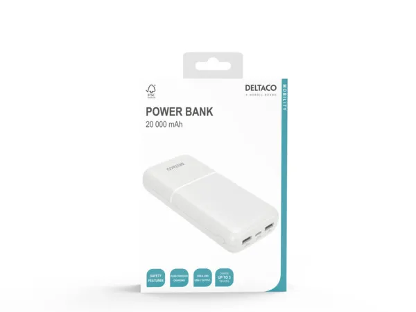 Deltaco 2x USB-A, 1x USB-C -varavirtal&auml;hde, 20000mAh
