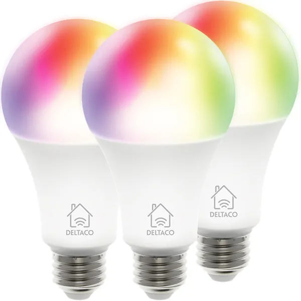 Deltaco Smart Home SH-LE27RGB-3P -&auml;lylamppu, E27, RGB, 9W, Wi-Fi, 3-pack