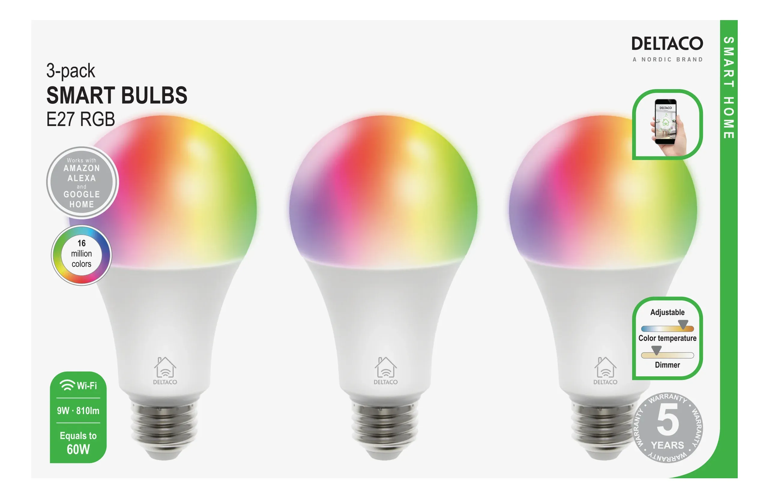 Deltaco Smart Home SH-LE27RGB-3P -&auml;lylamppu, E27, RGB, 9W, Wi-Fi, 3-pack