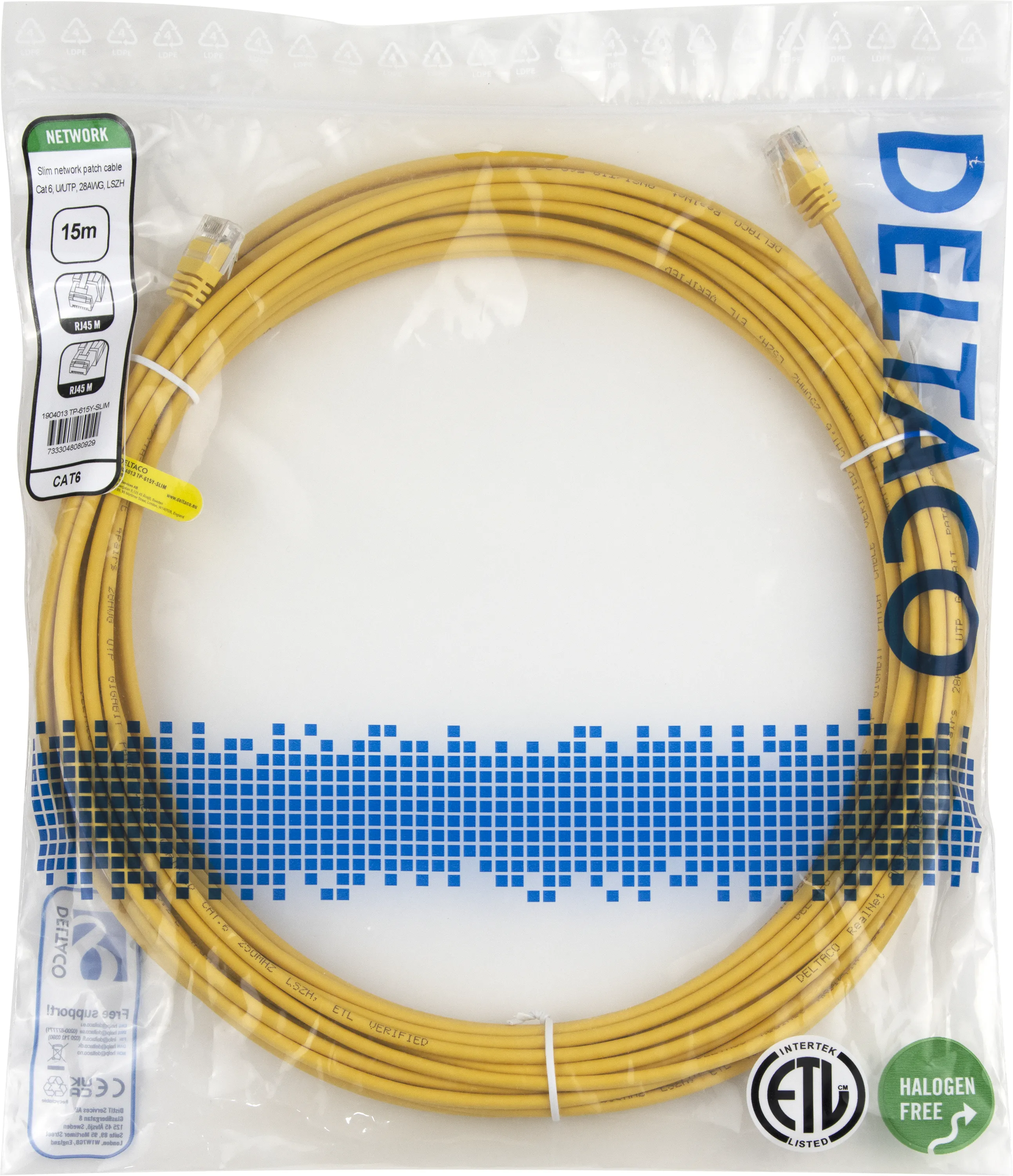 Deltaco Cat6 UTP RJ45 15m -verkkokaapeli, keltainen