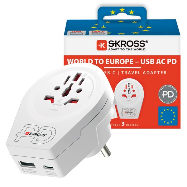 SKROSS Europe to USA USB-A & USB-C PD 20W - Travel adapter, White