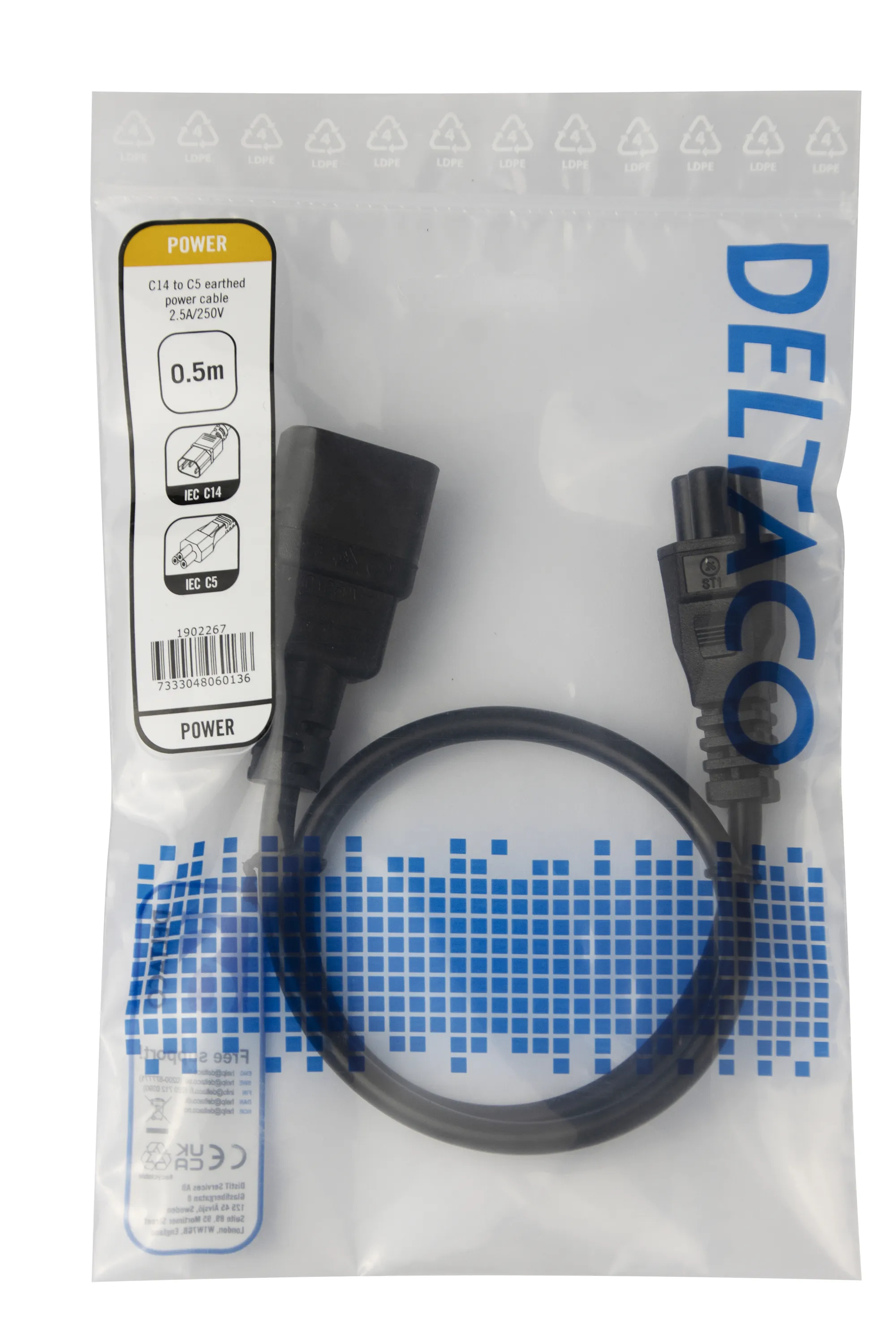 Deltaco IEC C14 - IEC C5 -virtakaapeli, Musta, 0.5m