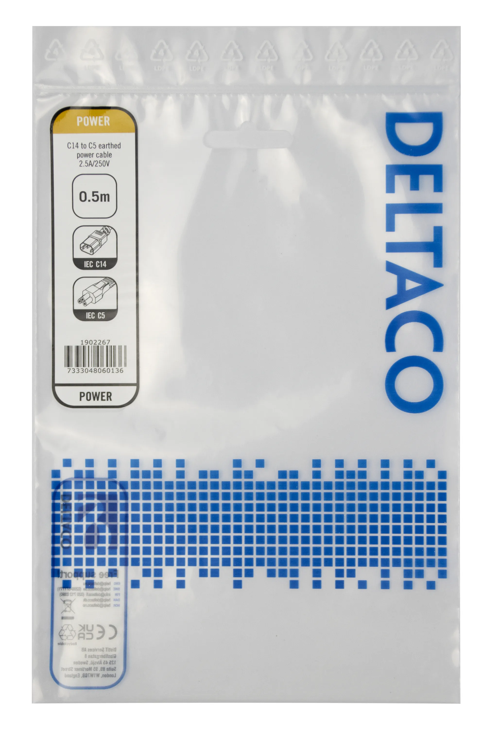 Deltaco IEC C14 - IEC C5 -virtakaapeli, Musta, 0.5m