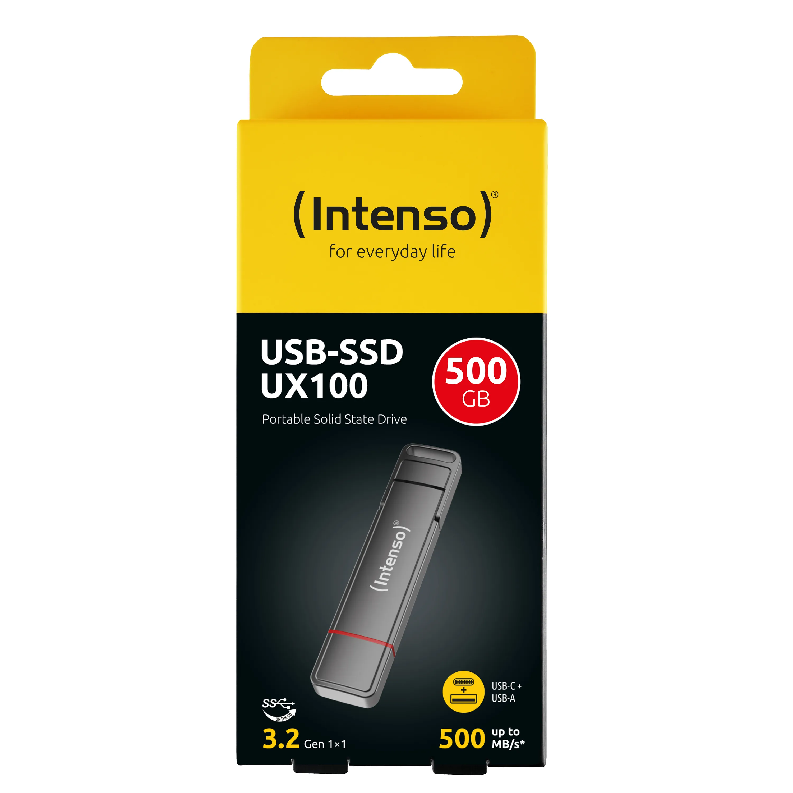 Intenso UX100 500GB External SSD with USB 3.2 Gen 1 (USB-C/USB-A), Shock Resistant, Anthracite