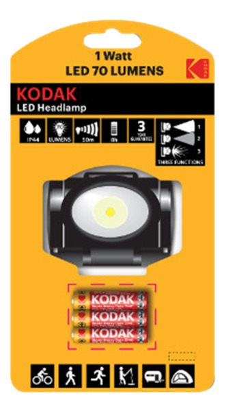 Kodak LED Headlamp, 150lm, 3 l&auml;gen, 3W enkel LED, IP44, svart