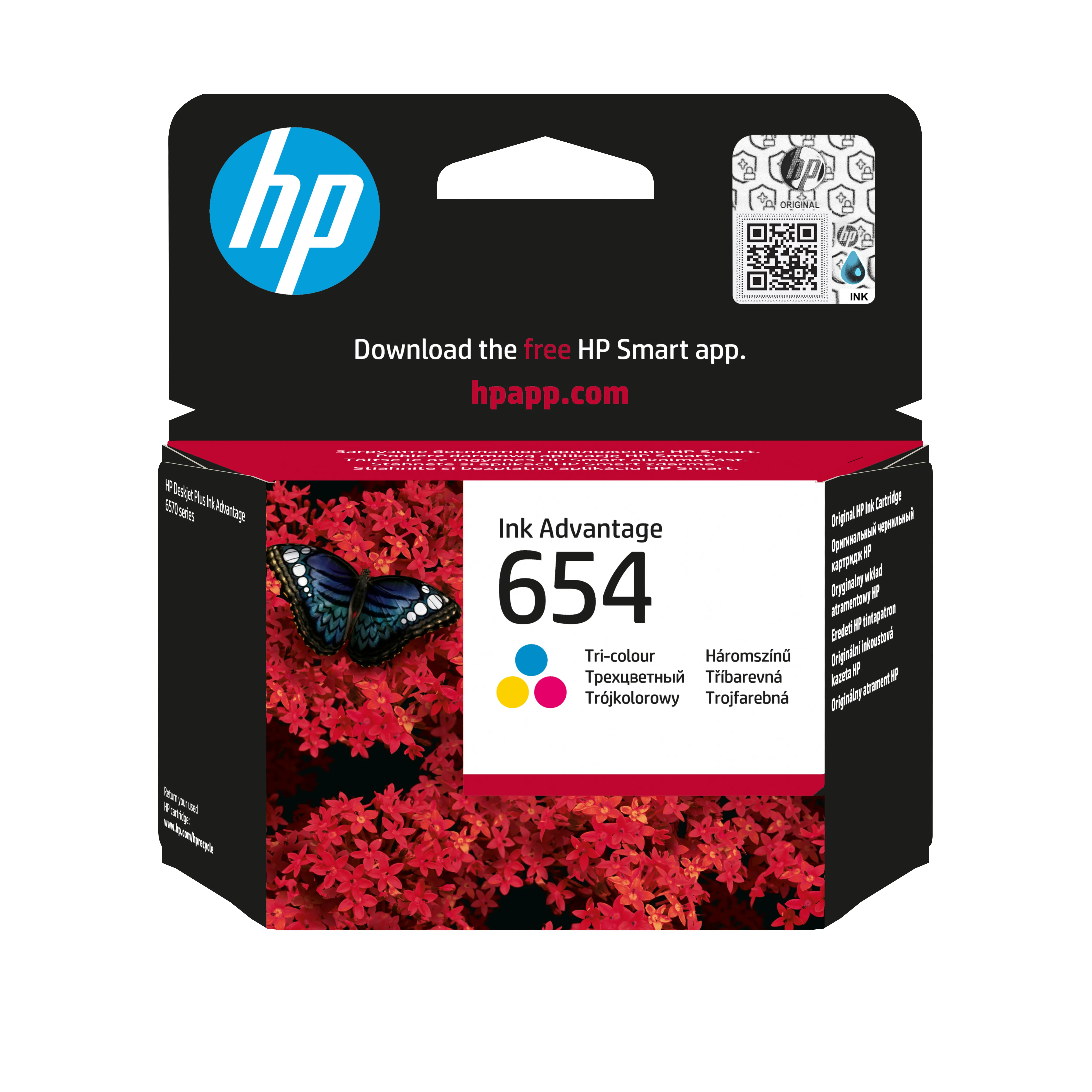 HP 654 bl&auml;ckpatron, 5.5 ml, cyan/magenta/gul