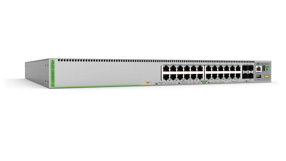ALLIED L3 Stackable Switch 20x 10/100/1000-T PoE+ 4x 100M/1G/2.5G/5G-T PoE+ 4x SFP+ Ports single fixed PSU EU Power Cord