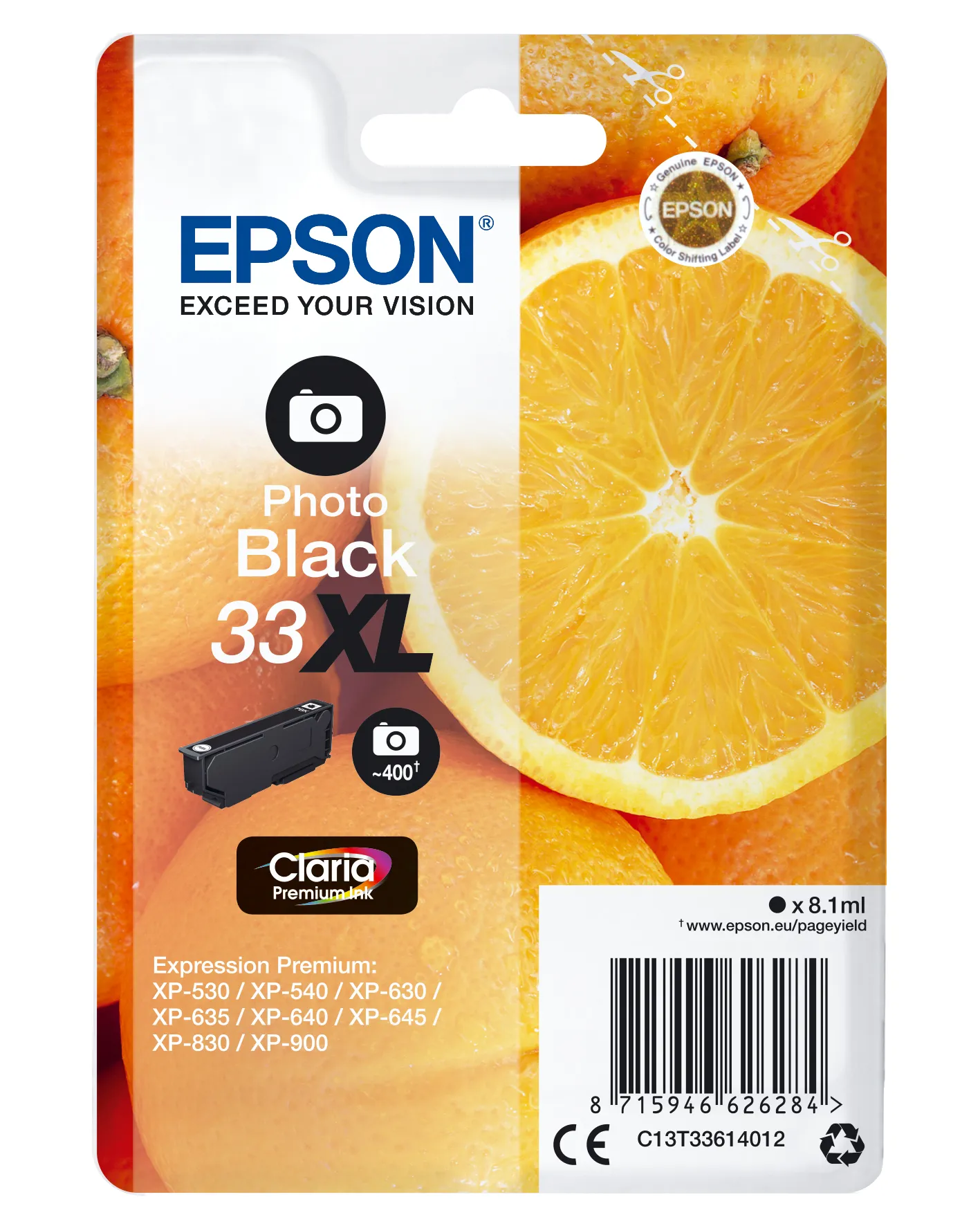 Epson 33XL - 8.1 ml - XL-koko - valokuvamusta (photo black) - alkuperäinen - blister RF:llä/äänihälyttimellä - mustepatruuna malleihin Expression Home XP-635, 8 Epson 33XL - 8.1 ml - XL-koko - valokuvamusta (photo black) - alkuperäinen - blister RF:llä/äänihälyttimellä - mustepatruuna malleihin Expression Home XP-635, 8