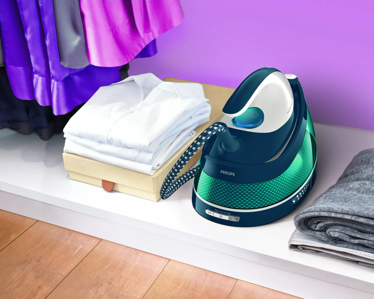 Philips PerfectCare Compact GC7844 Dampstrygejern 2400W Bl&aring; Hvid