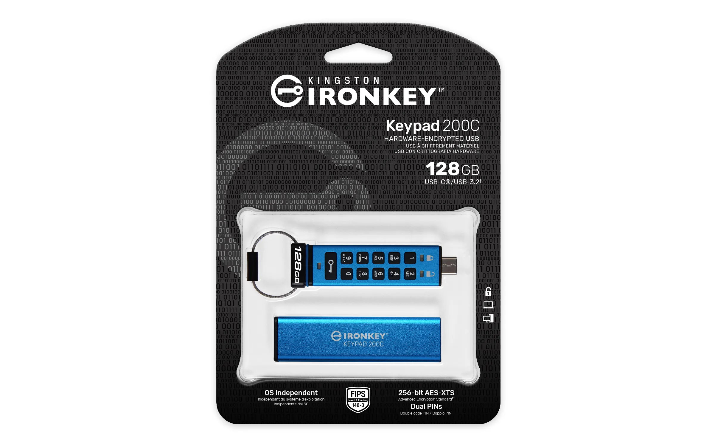 Kingston IronKey Keypad 200C USB-C 3.2 Gen 1 128GB memory stick, Blue