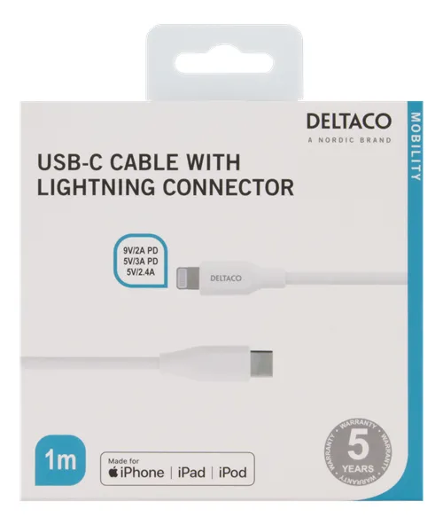 Deltaco USB-C - Lightning - kabel, 1 m, Vit