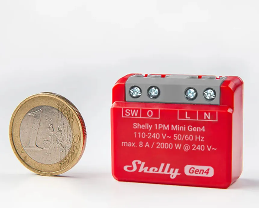 Shelly 1PM Mini Gen4 &ndash; 8 A programmerbar och energim&auml;tande Wi-Fi/Zigbee-rel&auml; f&ouml;r eluttag